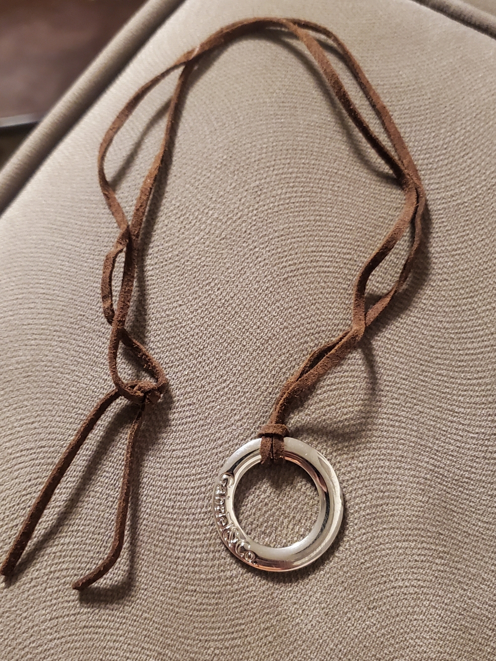 Gabriel&co Brown Suede leather Necklace with Plated  Silver Ring Pendant